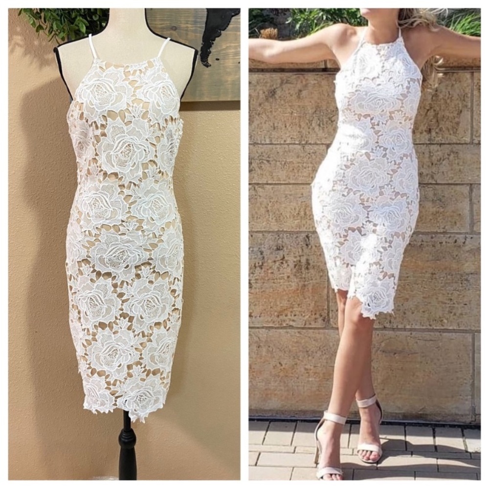 NWOT Lulus Temps De L'Amour White Lace Bodycon Midi Dress